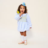 1-2y Jane Austen Romper Daisy Stripe with Lemon Sherbet Hand Smocking
