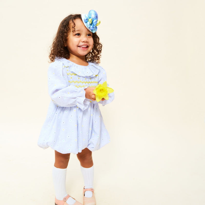 1-2y Jane Austen Romper Daisy Stripe with Lemon Sherbet Hand Smocking
