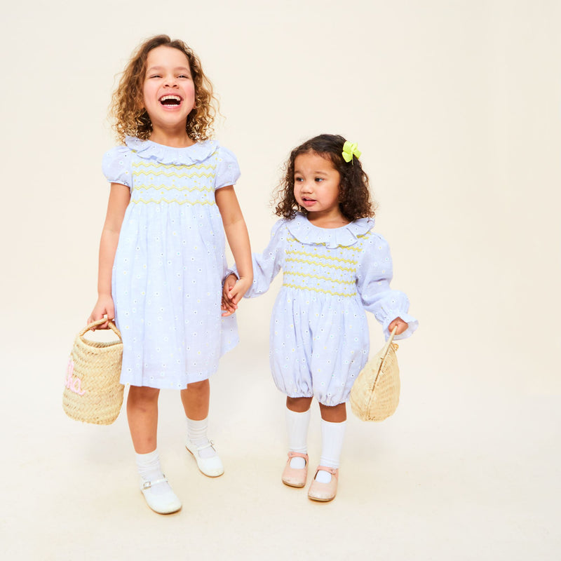 1-2y Jane Austen Romper Daisy Stripe with Lemon Sherbet Hand Smocking