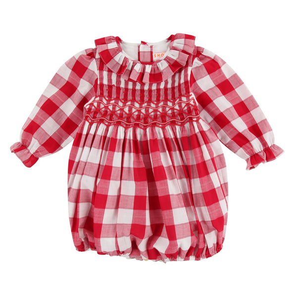 Jane Austen Romper Holly Berry Gingham with Candy Cane Waves Hand Smocking