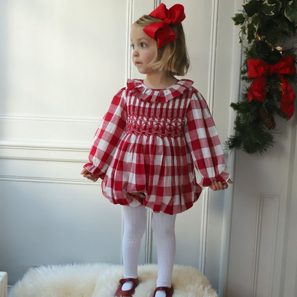 Jane Austen Romper Holly Berry Gingham with Candy Cane Waves Hand Smocking