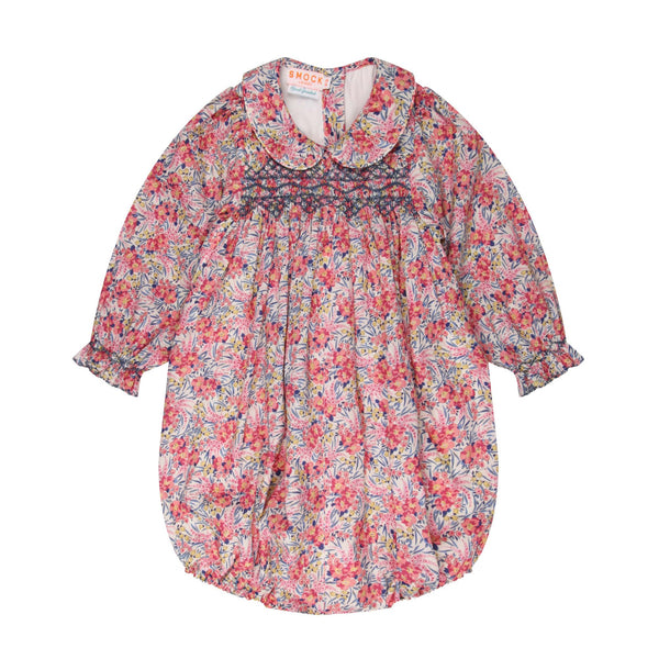 Jane Austen Romper with Swedish Blue Hand Smocking made with Liberty Swirling Petals Fabric