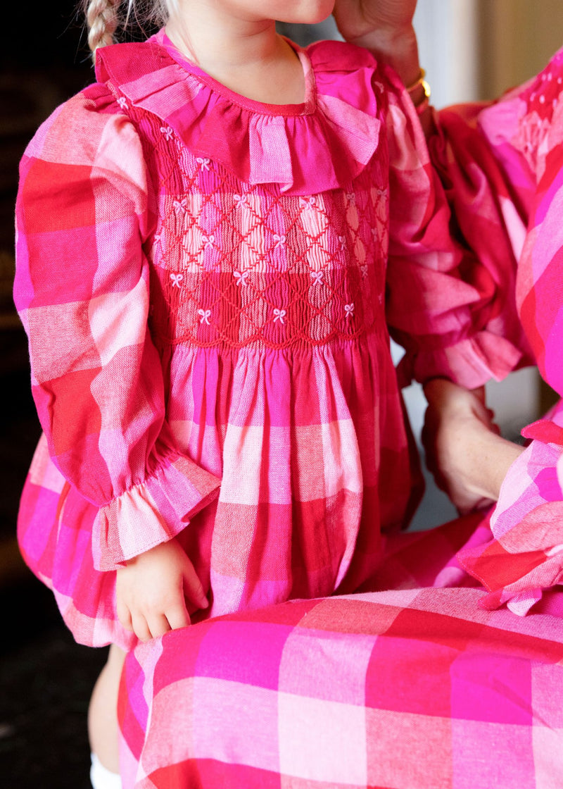 Jane Austen Romper Great Gingham with Crimson Hand Smocking