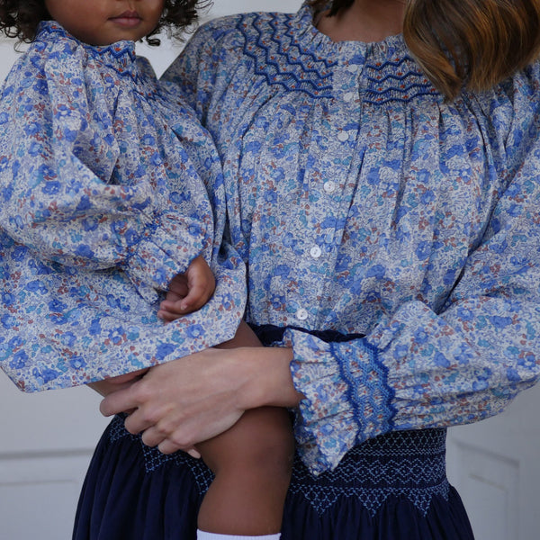Joan of Arc Blouse and Bloomers Set with Blue For You Hand Smocking made with Liberty Claire Aude Fabric
