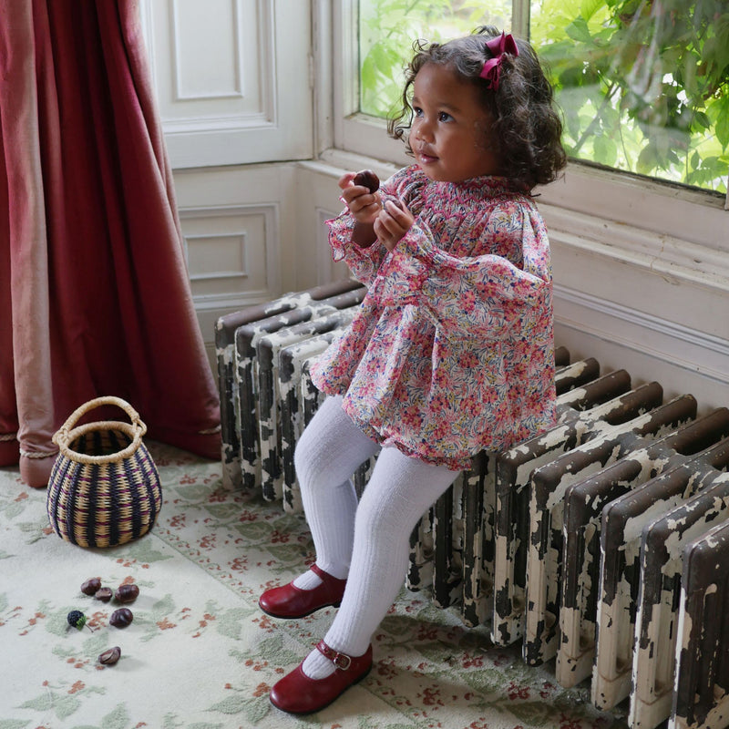 Joan of Arc Blouse and Bloomers Set with Ruby Tuesday Hand Smocking made with Liberty Swirling Petals Fabric