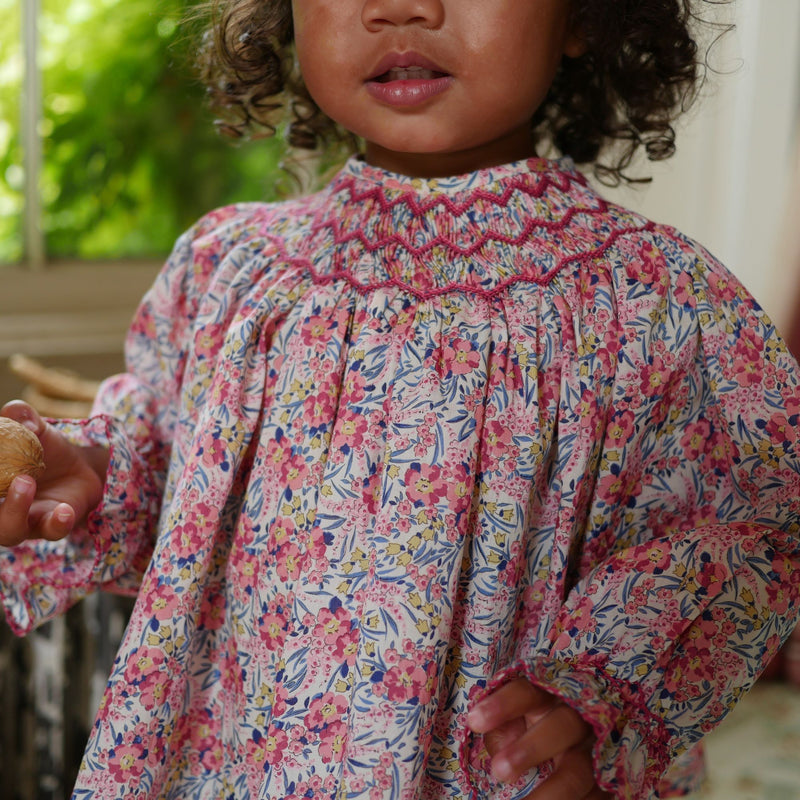 Joan of Arc Blouse and Bloomers Set with Ruby Tuesday Hand Smocking made with Liberty Swirling Petals Fabric
