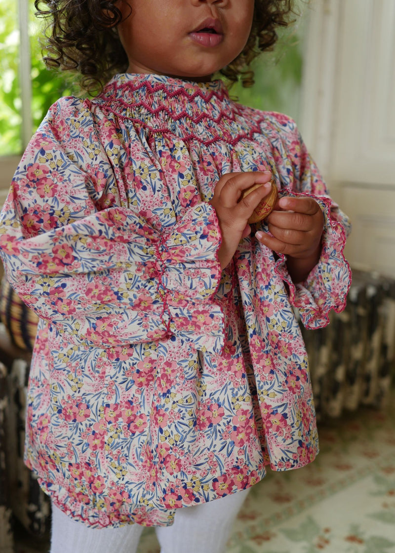 Joan of Arc Blouse and Bloomers Set with Ruby Tuesday Hand Smocking made with Liberty Swirling Petals Fabric