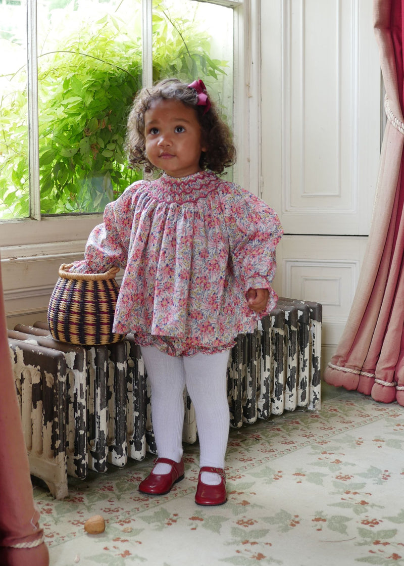 Joan of Arc Blouse and Bloomers Set with Ruby Tuesday Hand Smocking made with Liberty Swirling Petals Fabric
