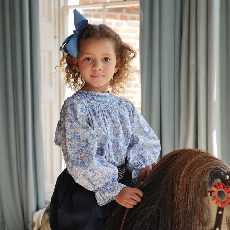 Joan of Arc Blouse with Blue For You Hand Smocking made with Organic Liberty Claire Aude Fabric