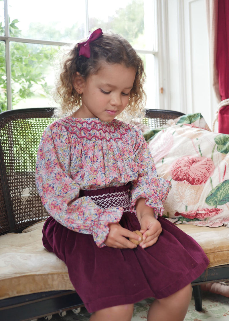 Joan of Arc Blouse with Ruby Tuesday Hand Smocking made with Liberty Swirling Petals Fabric