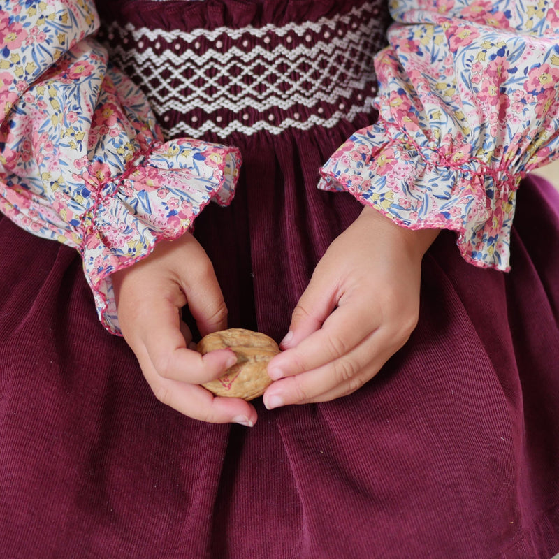 Joan of Arc Blouse with Ruby Tuesday Hand Smocking made with Liberty Swirling Petals Fabric