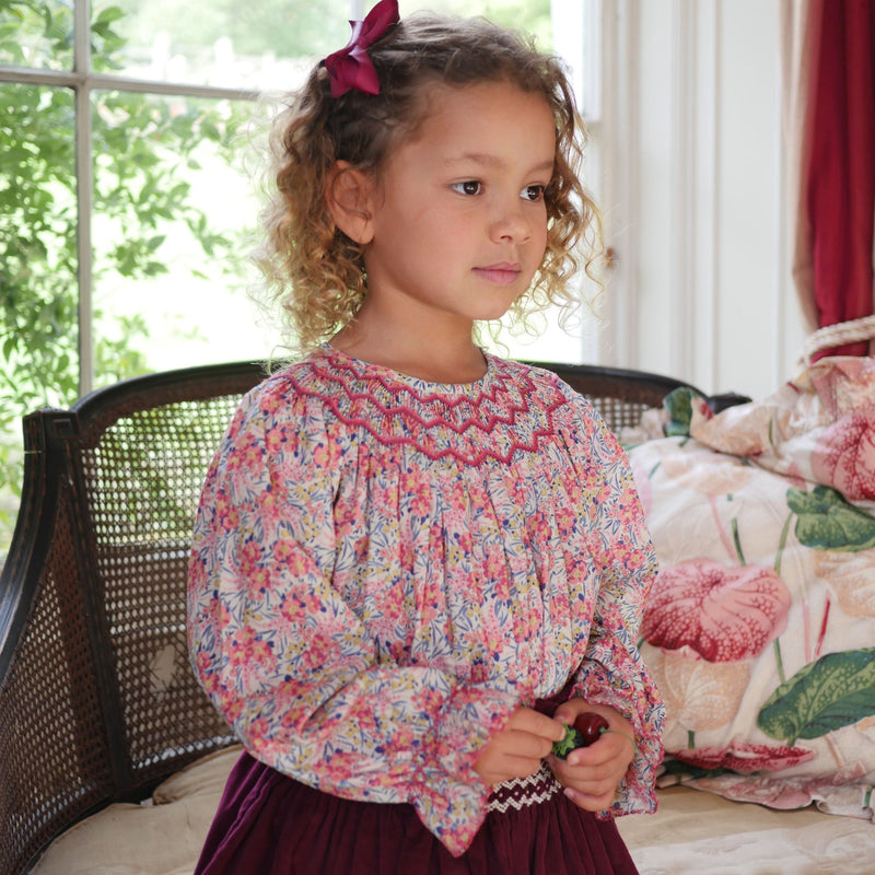 Joan of Arc Blouse with Ruby Tuesday Hand Smocking made with Liberty Swirling Petals Fabric