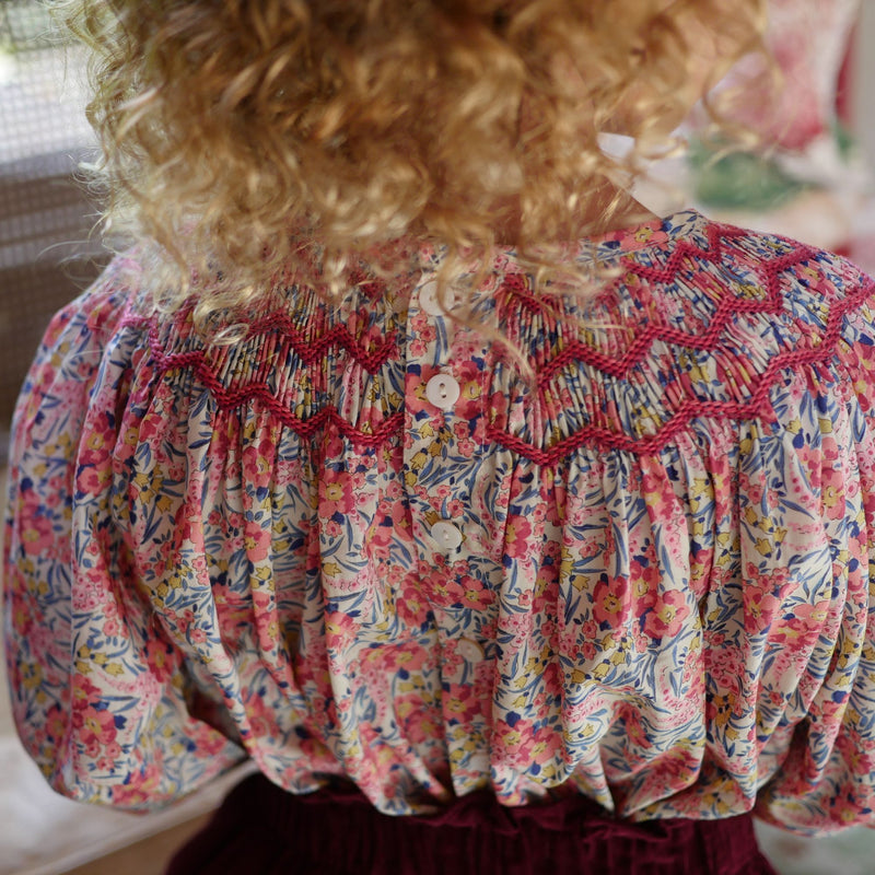 Joan of Arc Blouse with Ruby Tuesday Hand Smocking made with Liberty Swirling Petals Fabric