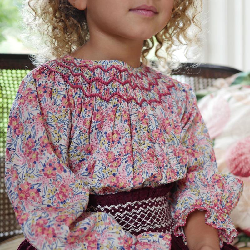 Joan of Arc Blouse with Ruby Tuesday Hand Smocking made with Liberty Swirling Petals Fabric