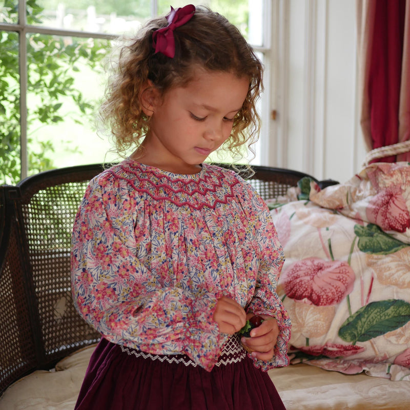 Joan of Arc Blouse with Ruby Tuesday Hand Smocking made with Liberty Swirling Petals Fabric