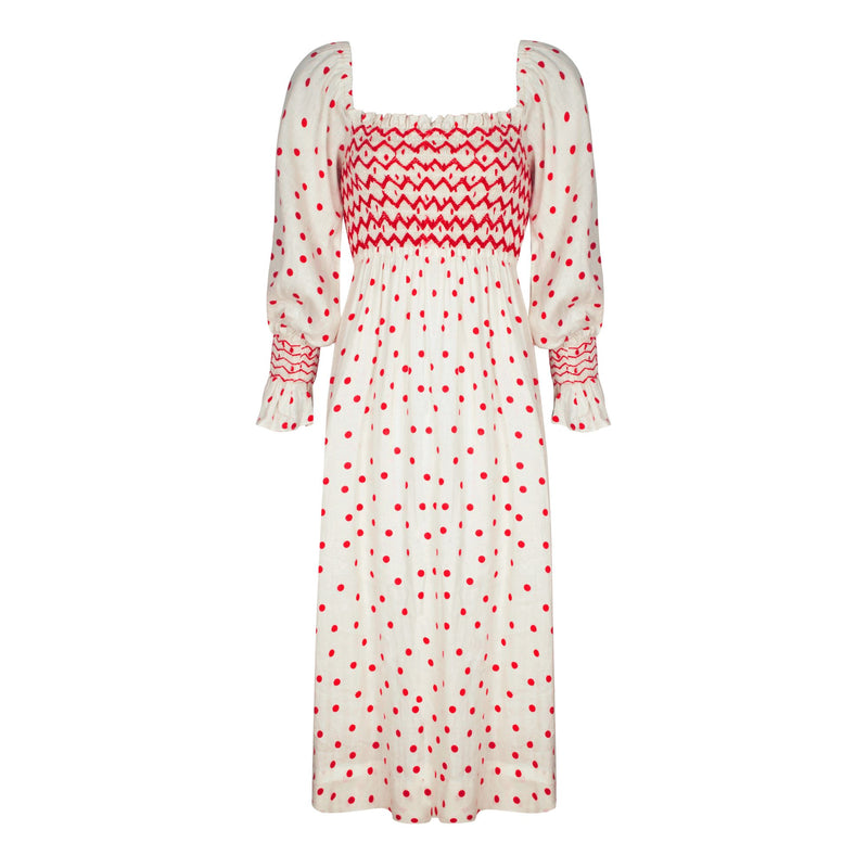 Josefine Butler Women's Dress Cherry Polka Linen with In the Red Hand Smocking