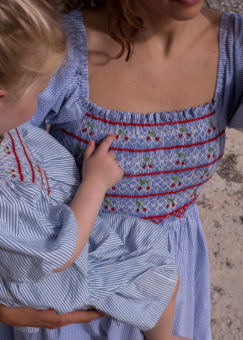 Josefine Butler Women's Dress Sea Stripes with Cherries Hand Smocking