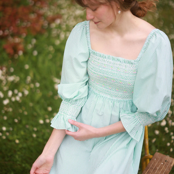 Josefine Butler Dress Kelly Green Seersucker with Cherry Pop Hand Smocking