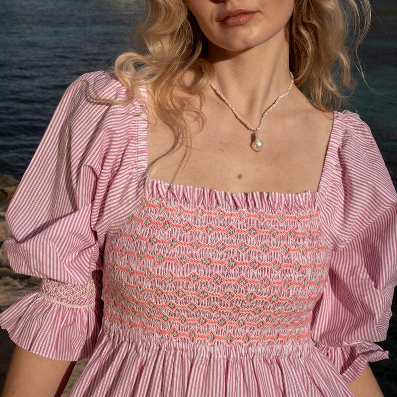 Josefine Butler Dress Raspberry Stripe Seersucker with Cool-Ade Hand Smocking