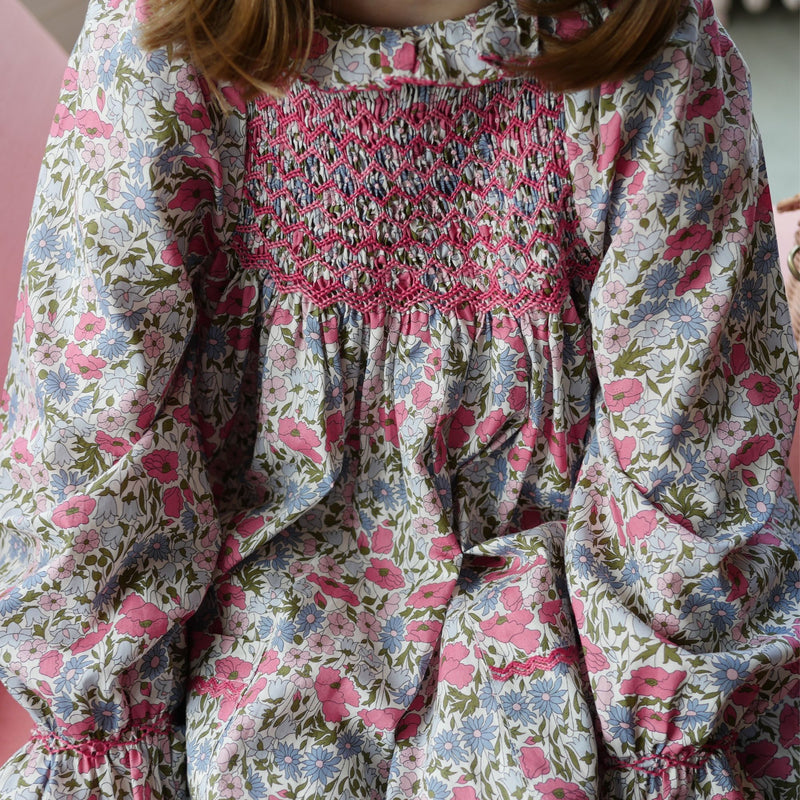Kahlo Dress with Rhubarb Hand Smocking made with Liberty Poppies and Daisies Fabric
