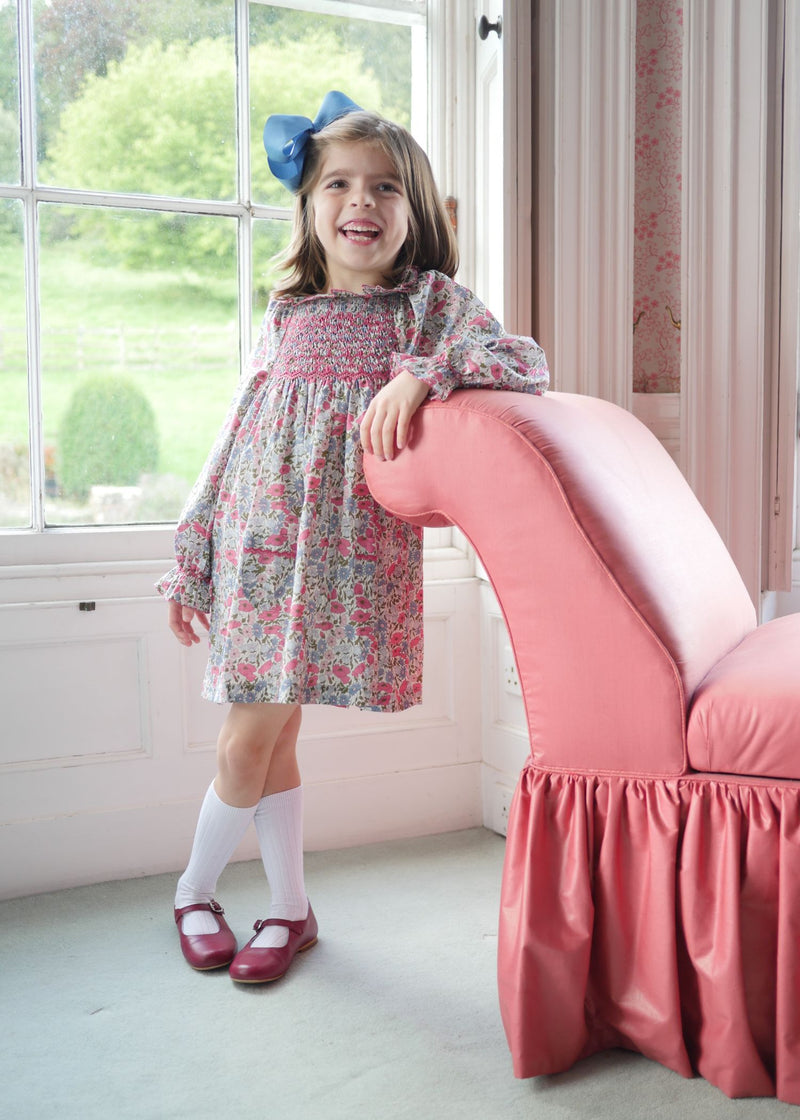 Kahlo Dress with Rhubarb Hand Smocking made with Liberty Poppies and Daisies Fabric