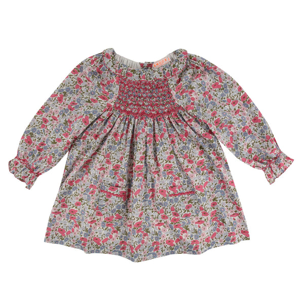 Kahlo Dress with Rhubarb Hand Smocking made with Liberty Poppies and Daisies Fabric