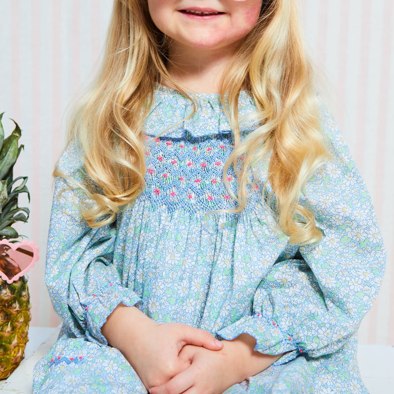 Kahlo dress with Periwinkle Twinkle Hand Smocking made with Liberty Alice W