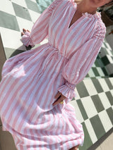 Aloha Wanderwell Dress Powder Pink Stripe with Scarlet Hand Smocking
