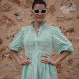 Victoria Woodhull Dress Green Goddess Stripe with Chantilly Hand Smocking