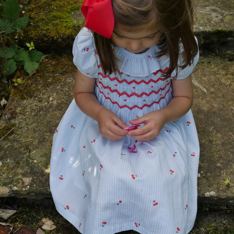 Katherine Johnson Dress Cherry Stripes with Maraschino Hand Smocking