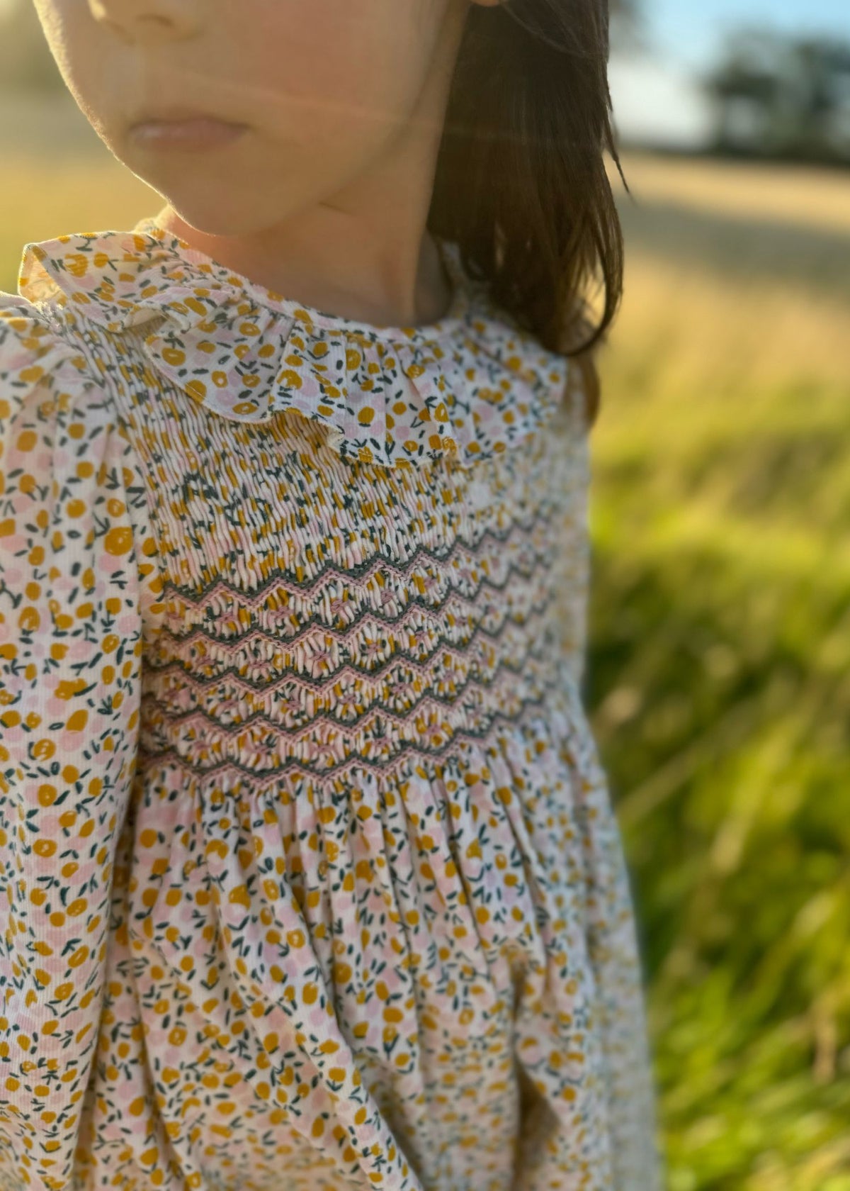 6-8y Katherine Johnson Dress Cloudberry Needlecord with Pinkberry Hand Smocking