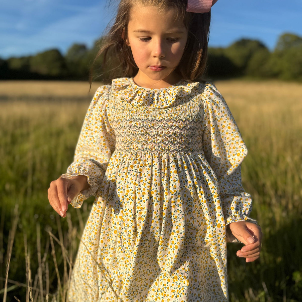 6-8y Katherine Johnson Dress Cloudberry Needlecord with Pinkberry Hand Smocking