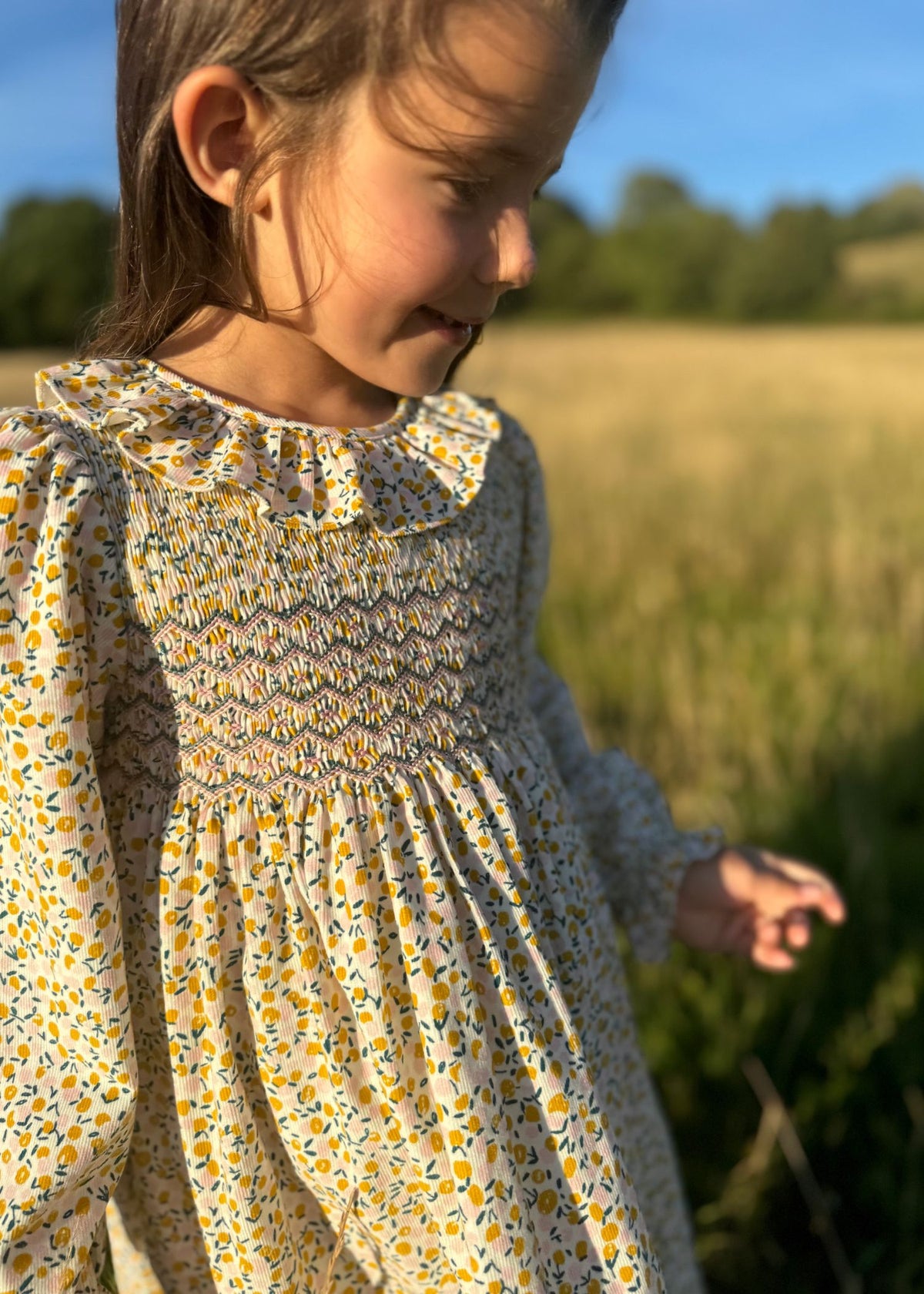 6-8y Katherine Johnson Dress Cloudberry Needlecord with Pinkberry Hand Smocking