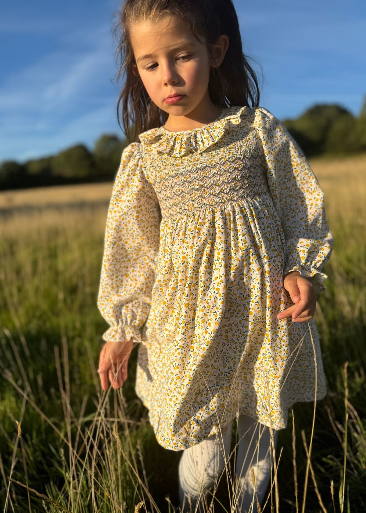 6-8y Katherine Johnson Dress Cloudberry Needlecord with Pinkberry Hand Smocking