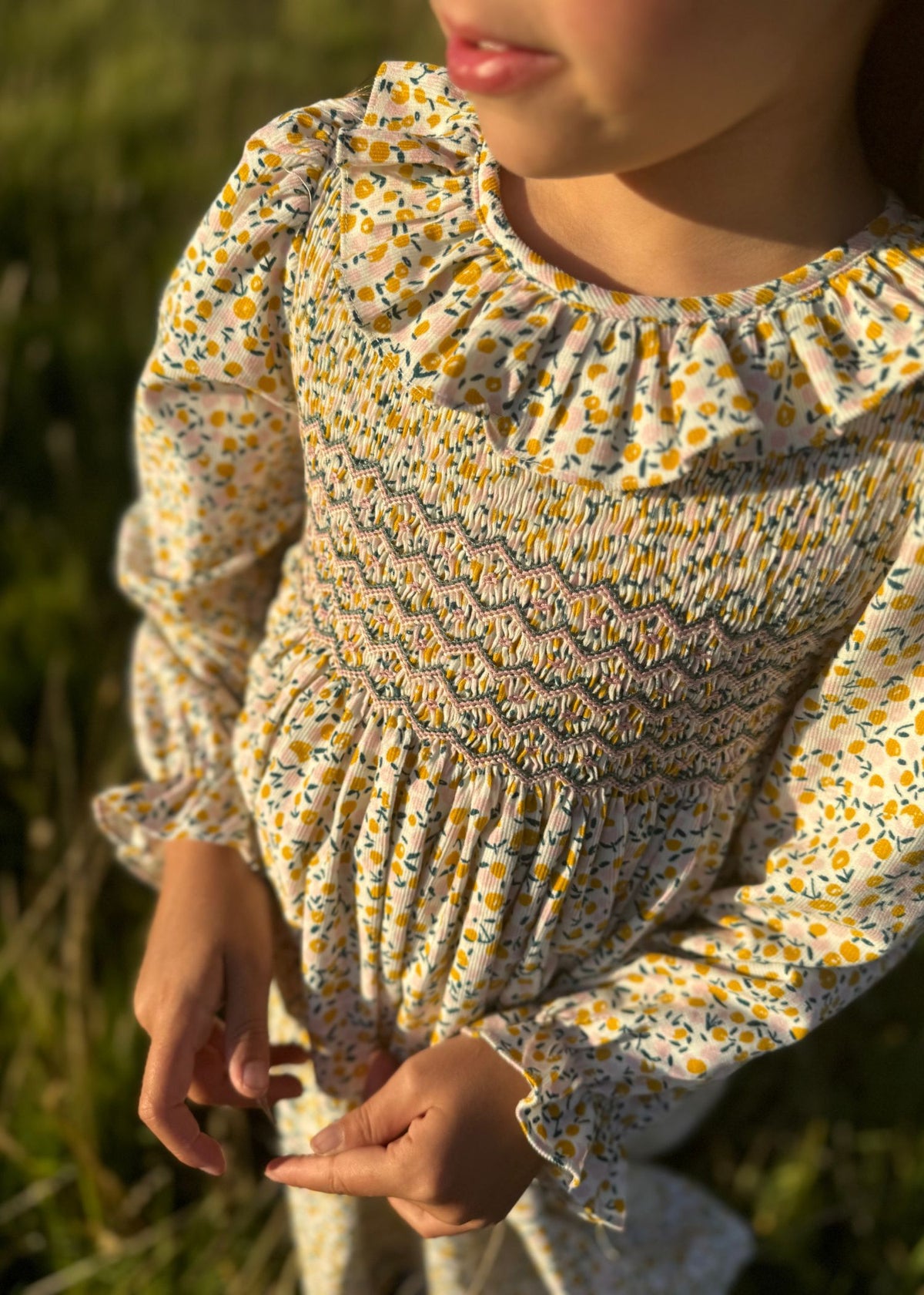 6-8y Katherine Johnson Dress Cloudberry Needlecord with Pinkberry Hand Smocking