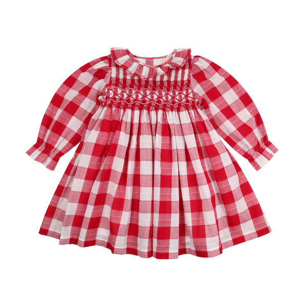 Katherine Johnson Dress Holly Berry Gingham with Candy Cane Waves Hand Smocking