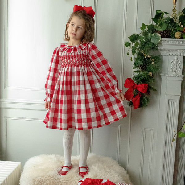Katherine Johnson Dress Holly Berry Gingham with Candy Cane Waves Hand Smocking
