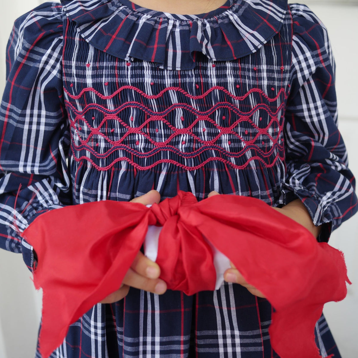 1-2y Katherine Johnson Dress Navy Tartan with Cranberry Waves Hand Smocking