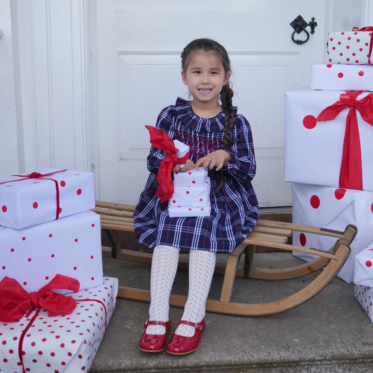 1-2y Katherine Johnson Dress Navy Tartan with Cranberry Waves Hand Smocking