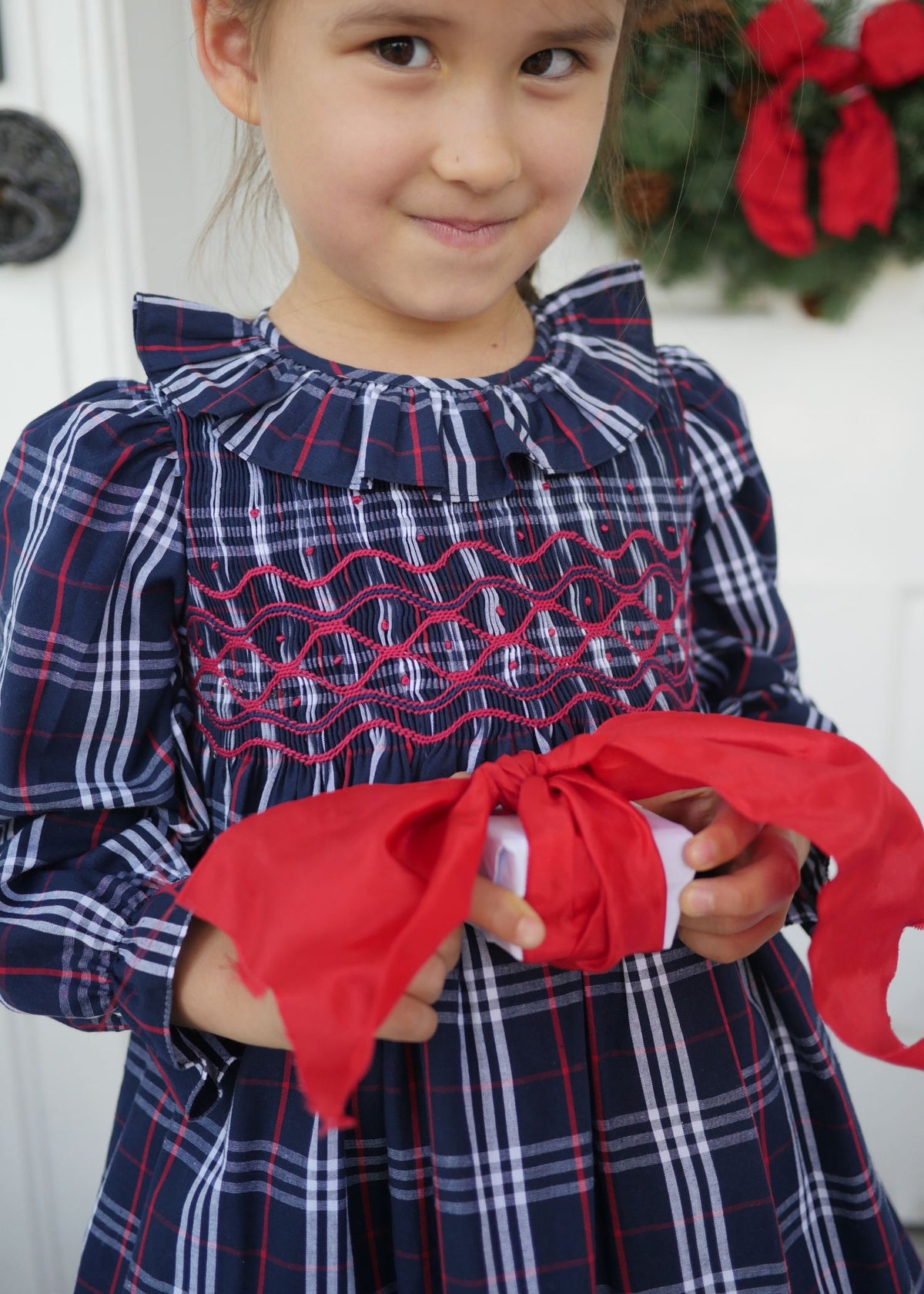 1-2y Katherine Johnson Dress Navy Tartan with Cranberry Waves Hand Smocking