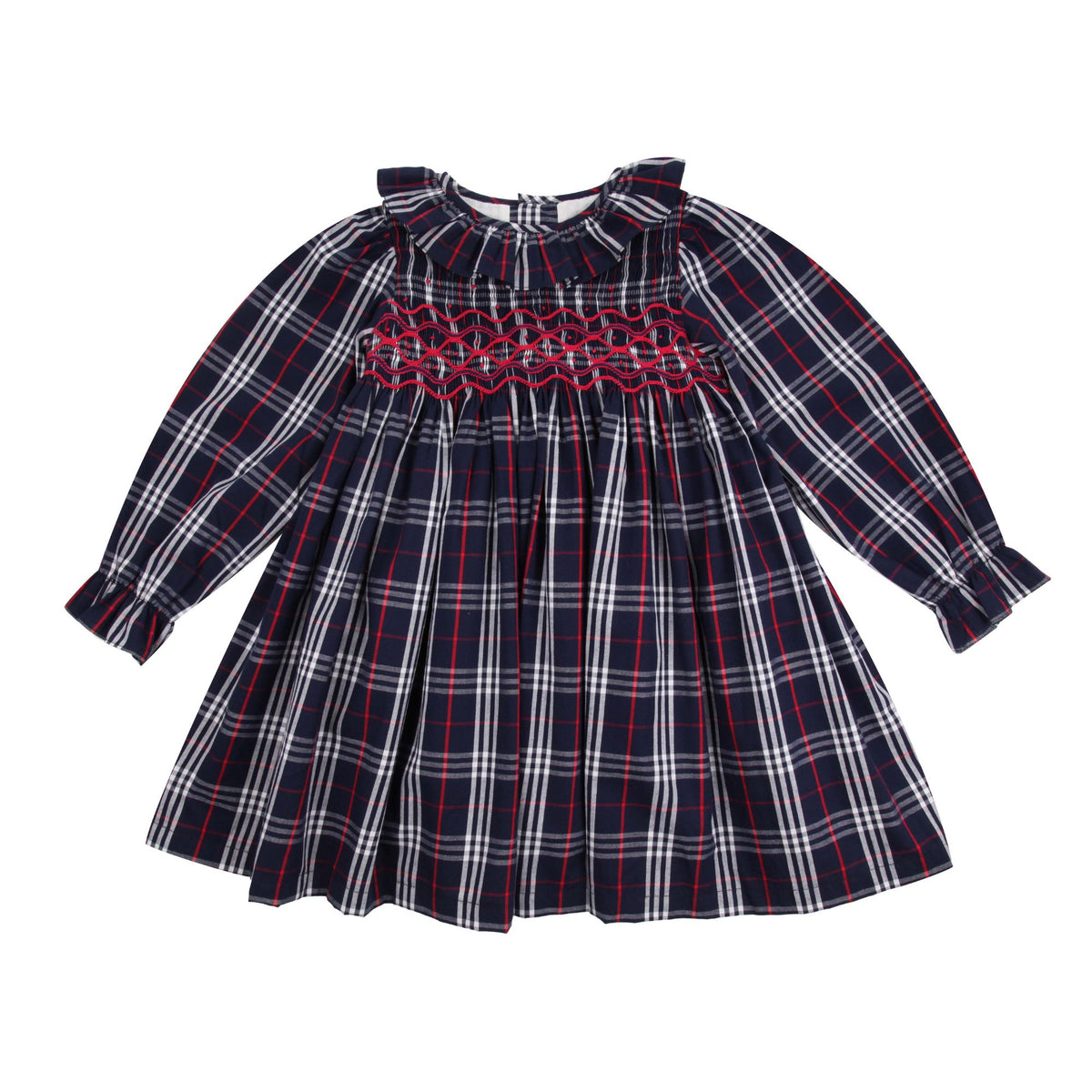 1-2y Katherine Johnson Dress Navy Tartan with Cranberry Waves Hand Smocking