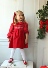 Katherine Johnson Dress Scarlet Needlecord with Tie a Ribbon In It Hand Smocking
