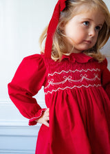 Katherine Johnson Dress Scarlet Needlecord with Tie a Ribbon In It Hand Smocking