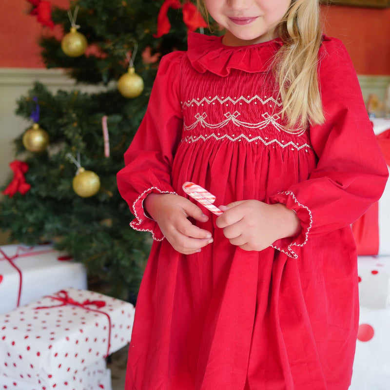 Katherine Johnson Dress Scarlet Needlecord with Tie a Ribbon In It Hand Smocking