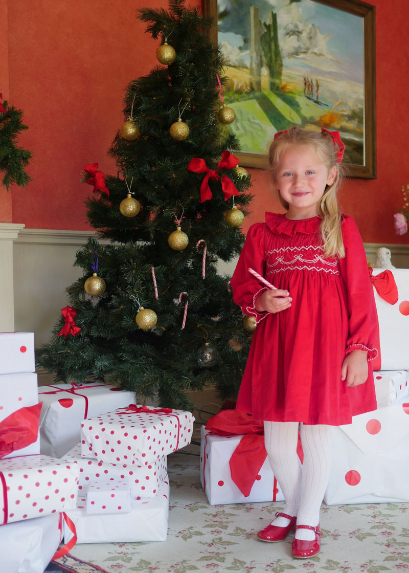 Katherine Johnson Dress Scarlet Needlecord with Tie a Ribbon In It Hand Smocking