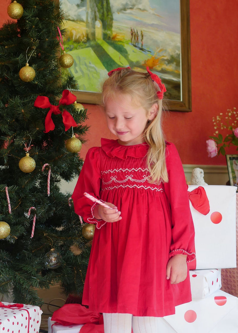 Katherine Johnson Dress Scarlet Needlecord with Tie a Ribbon In It Hand Smocking