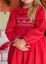 Katherine Johnson Dress Scarlet Needlecord with Tie a Ribbon In It Hand Smocking