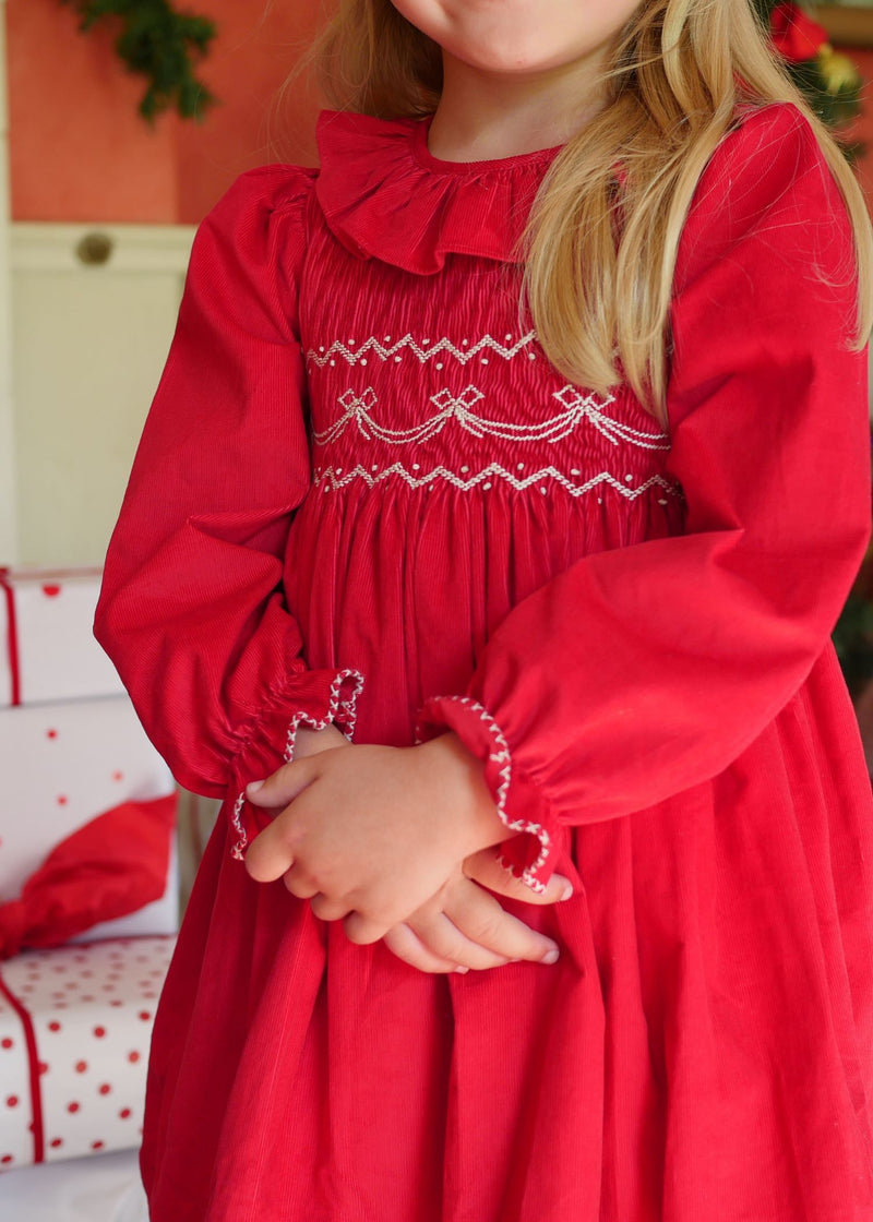 Katherine Johnson Dress Scarlet Needlecord with Tie a Ribbon In It Hand Smocking