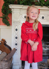 Katherine Johnson Dress Scarlet Needlecord with Tie a Ribbon In It Hand Smocking