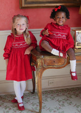 Katherine Johnson Dress Scarlet Needlecord with Tie a Ribbon In It Hand Smocking